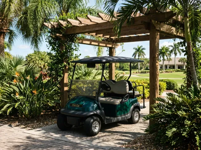 A golf cart sits in dappled sunlight under a wooden pergola, surrounded by tropical saw palmettos and birds of paradise. 